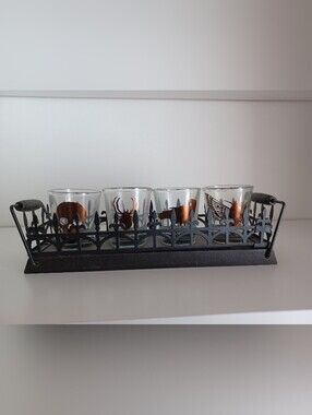 Four Shot Glasses‎ With Graveyard Display Piece Spooky Skull Spider Crow Moth